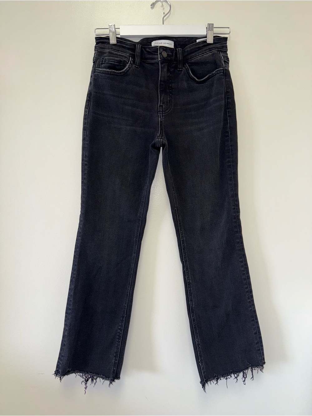 Flying Monkey (28) Black Denim High Rise Straight Leg Jeans w Frayed Bottom Hem